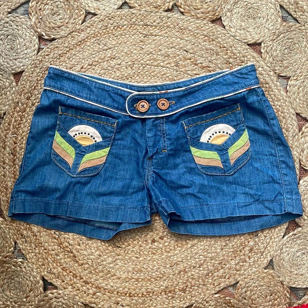 Frankie B embroidered jean shorts pockets